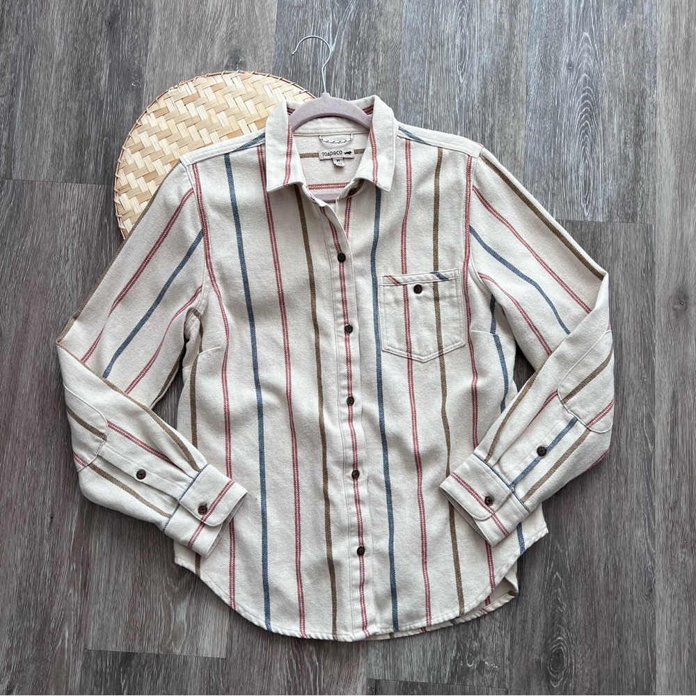 Toad&Co Cream Button-Down Shirt with Red, Blue, and Brown Stripes